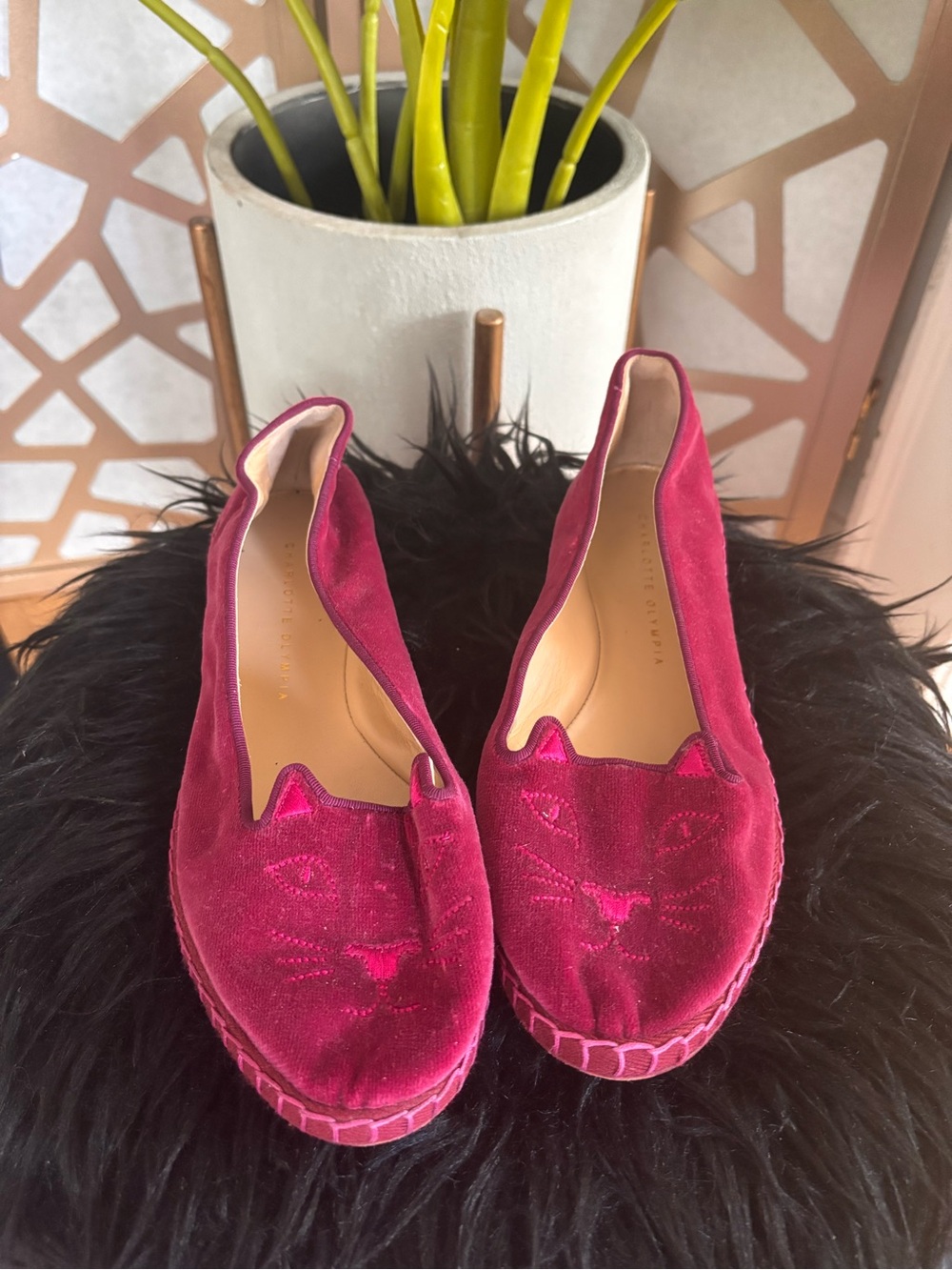 Charlotte Olympia Magenta Velvet Kitty Slip-On Flats